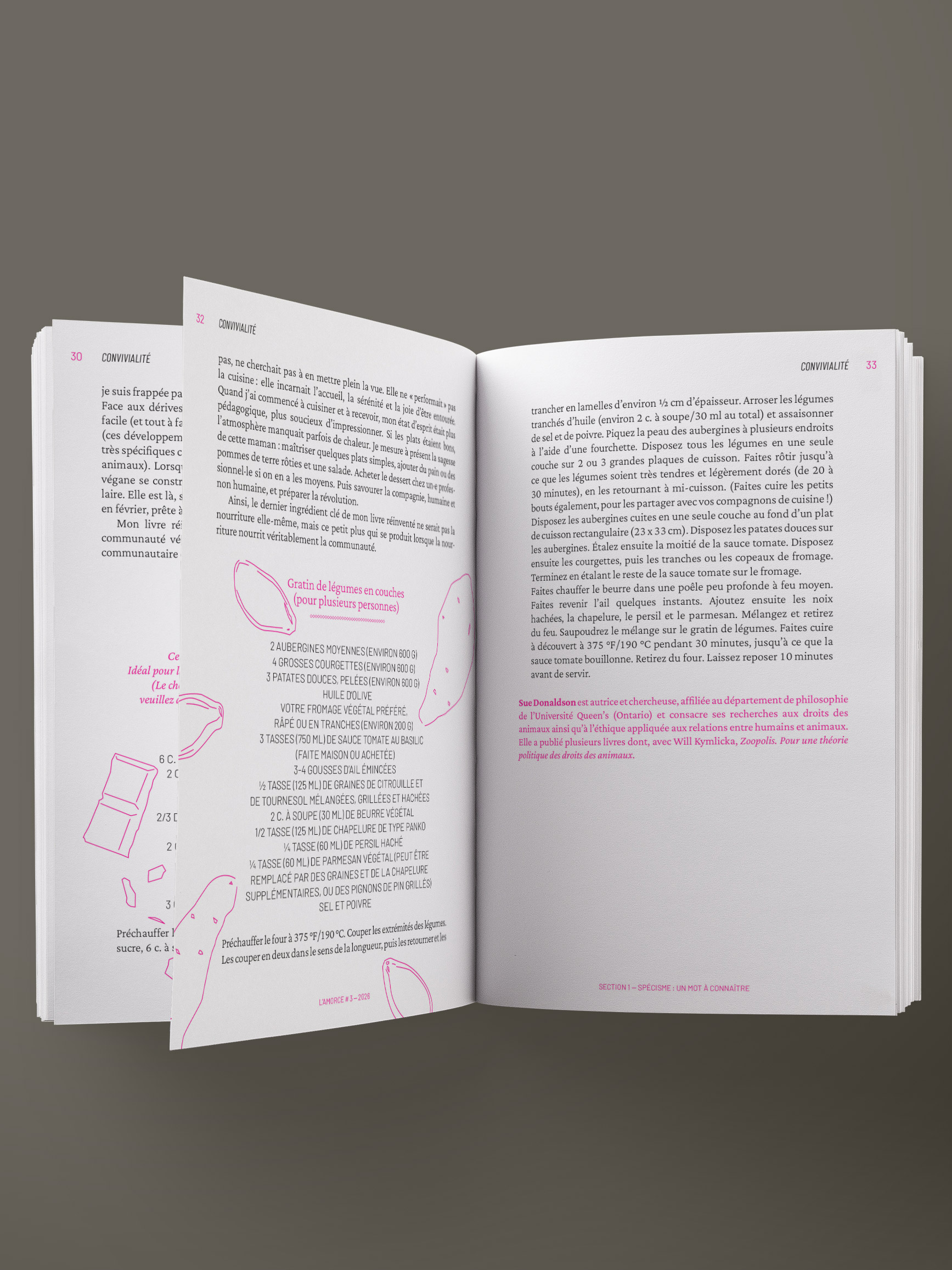 « Retour sur <i>Des plats qui ne mordent pas</i>, 25 ans plus tard », par Sue Donaldson, chercheuse affiliée au Département de philosophie de l'Université Queen’s (Ontario), coautrice de <i>Zoopolis. Pour une théorie des droits des animaux</i>, avec Will Kimlycka. Dessins : Mélanie M. Marbach