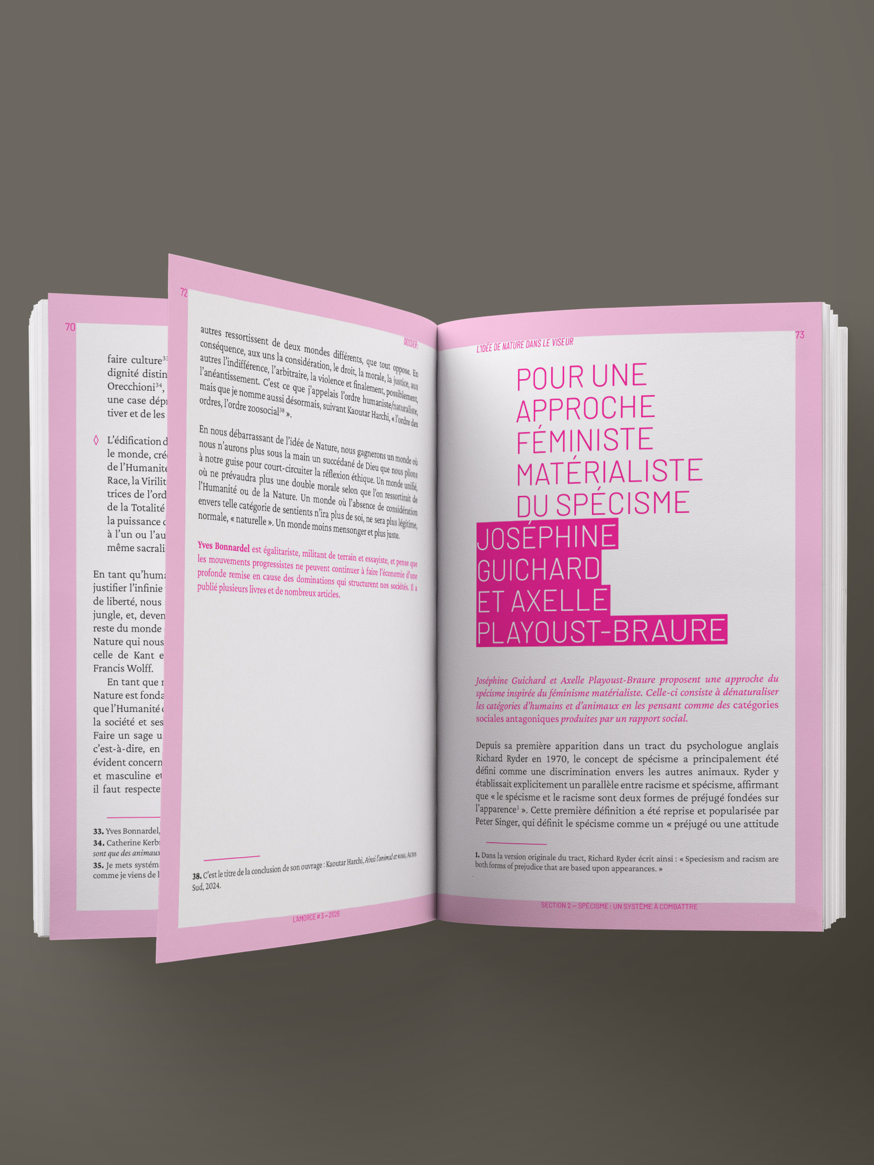 Page de gauche, « Arrêtons avec la Nature ! », par Yves Bonnardel ; page de droite, « Pour une approche féministe matérialiste du spécisme », par Joséphine Guichard et Axelle Playoust-Braure